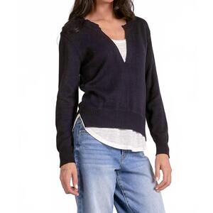NEW ELAN layered two-for one knit top in navy & white